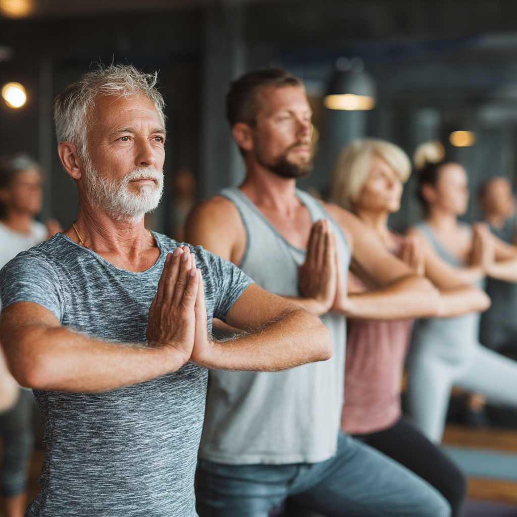 Group of middle-aged adults practicing yoga together in peaceful studio environment